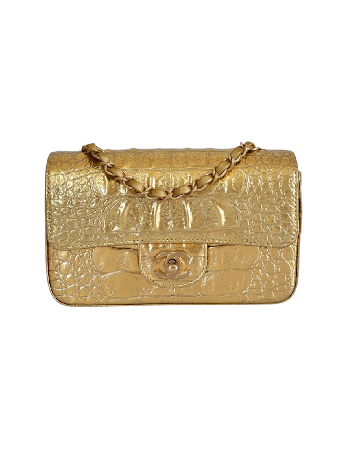 Chanel 19A classic mini rectangular flap bag gold calfskin croco embolissed