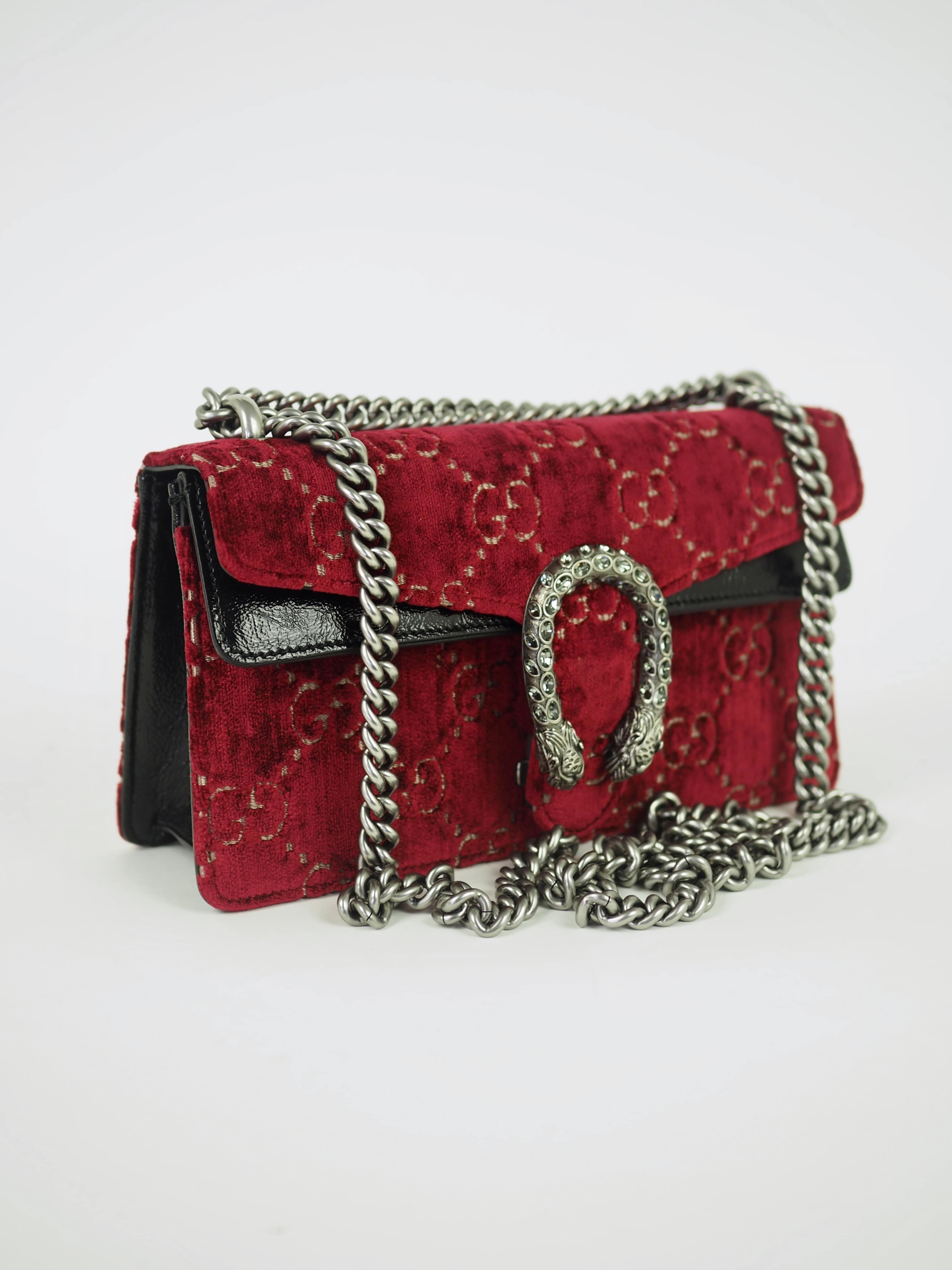 Gucci Dionysus Small burgundy velvet patent leather Swarovski lock bag.