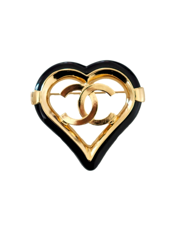 Chanel large black heart shape brooch gold metal new.jpg