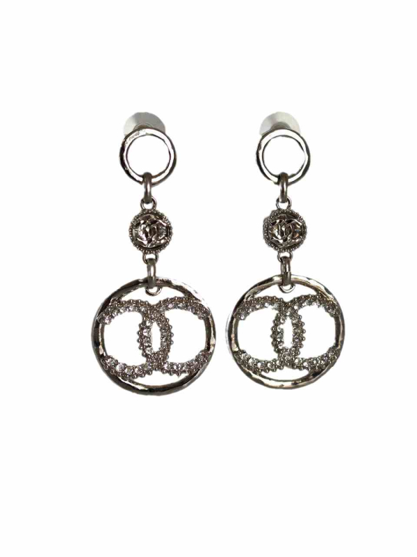 Chanel large dangling earrings silver metal and crystals