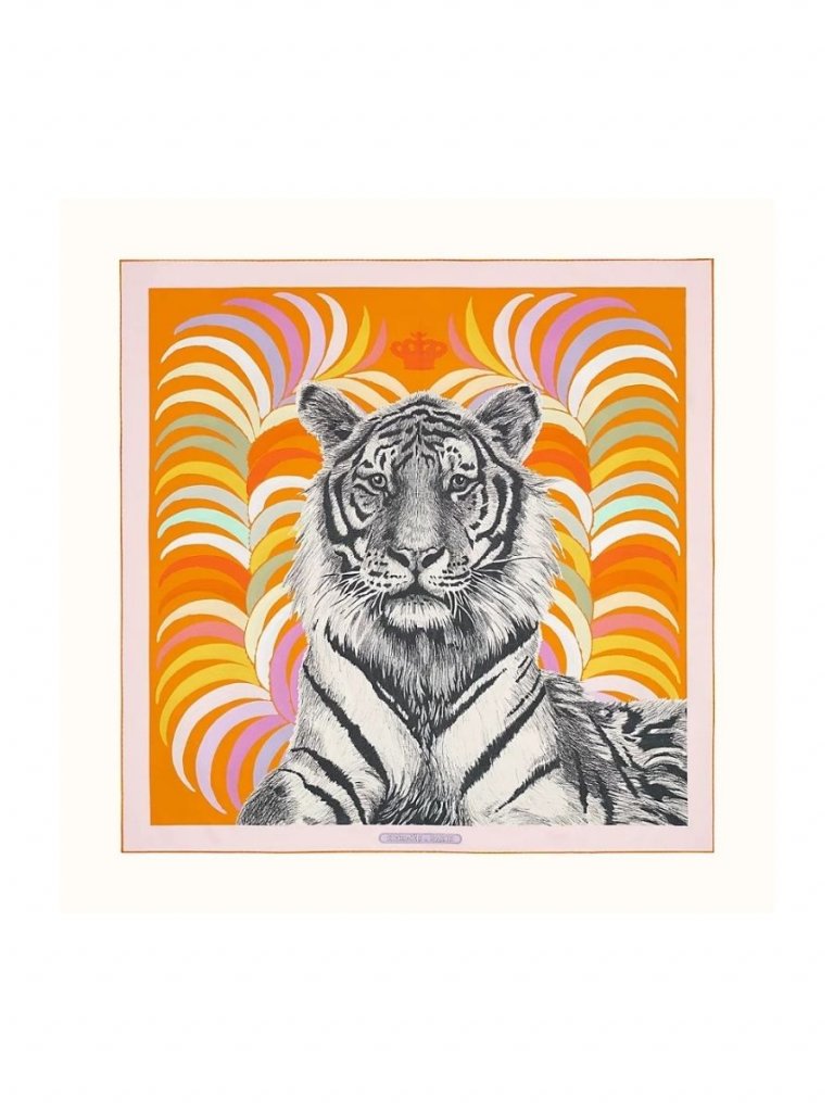 HERMES Tigre Royal Acrylic Shadow Box Framed Vintage Silk  Hermès Rare Silk Scarf with Tiger and Gold Leaf Design display picture 1