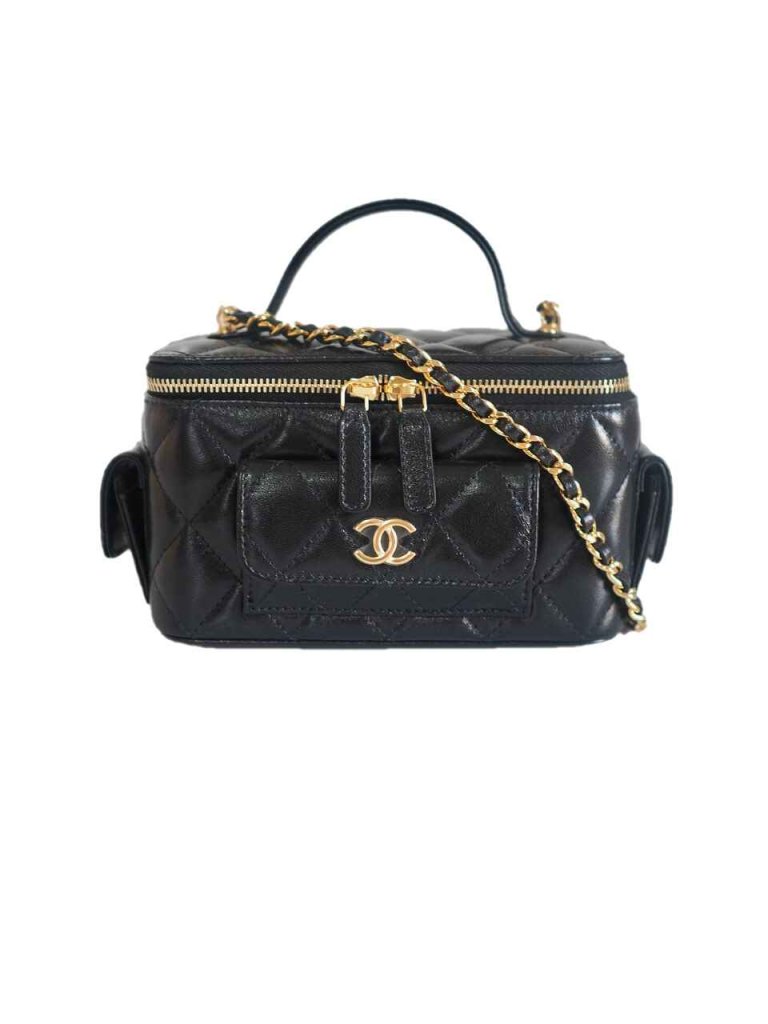 VANITY CASE 18 IN BLACK CALFSKIN GOLD HARDWARE