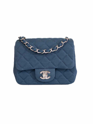 Chanel Classic mini square blue jersey silver hardware