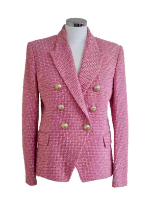 Balmain Paris pink tweed blazer gold buttons