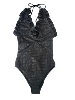 Chanel 23S runway swimsuit ruffles black logo new