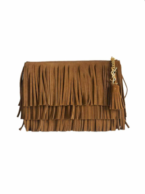 Saint Laurent brown monogram suede fringe clutch medium bag