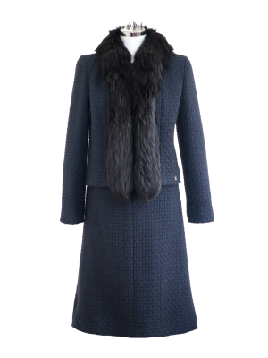 Chanel 00A blue tweed wool skirt suit with fur collar