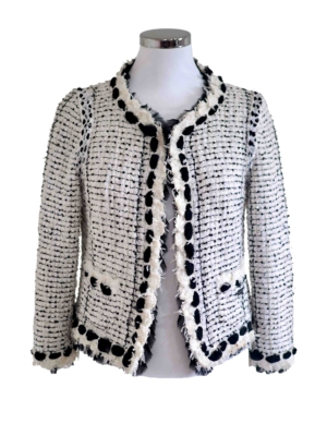 Chanel 05P white tweed black ribbon jacket