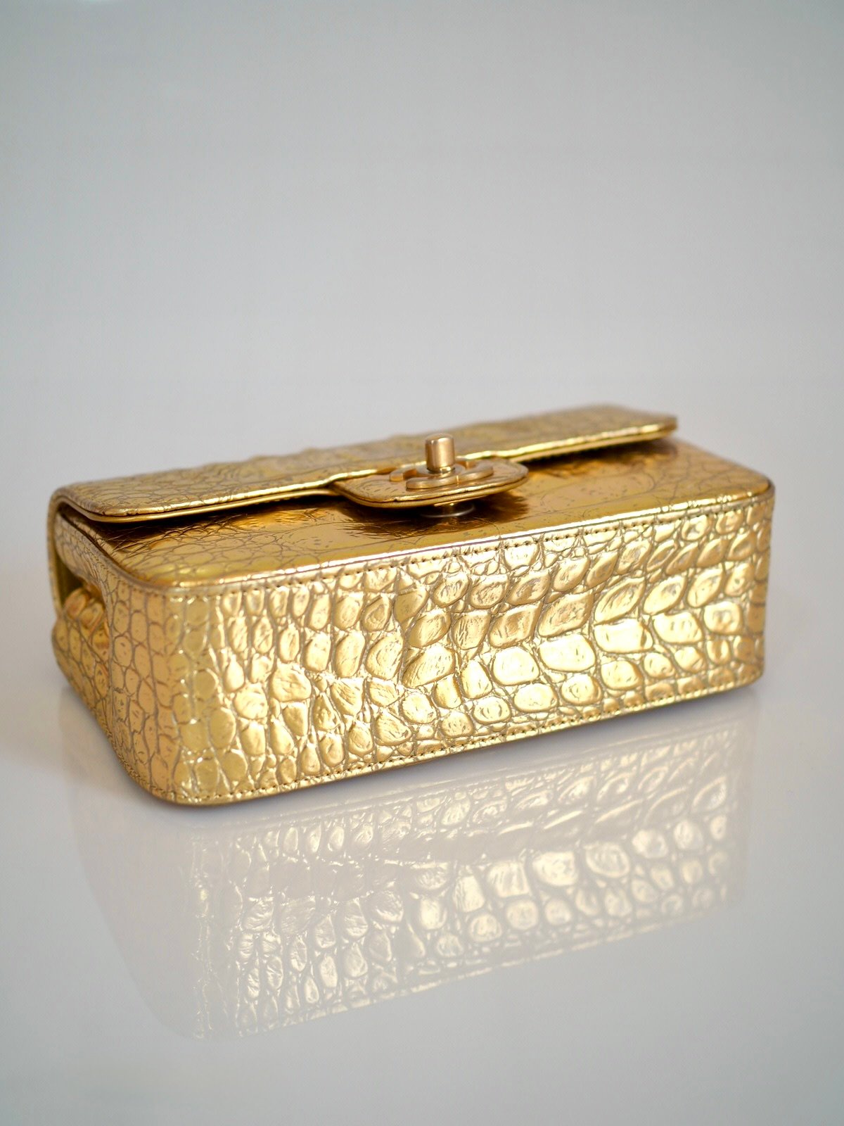 Chanel 19A classic mini rectangular flap bag gold calfskin croco embossed 5