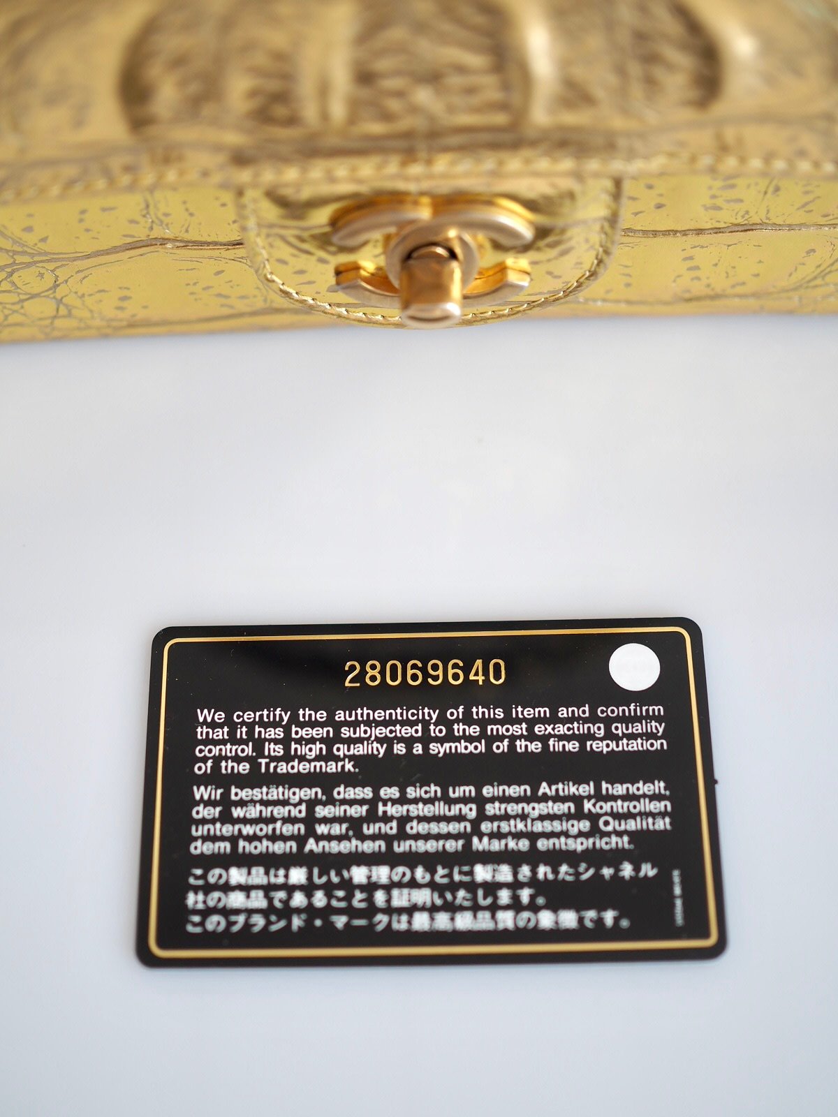 Chanel 19A classic mini rectangular flap bag gold calfskin croco embossed series card