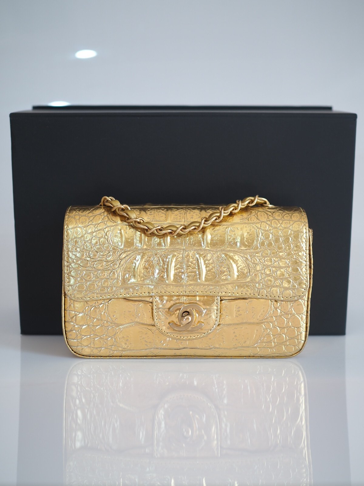 Chanel 19A classic mini rectangular flap bag gold calfskin croco embossed full set