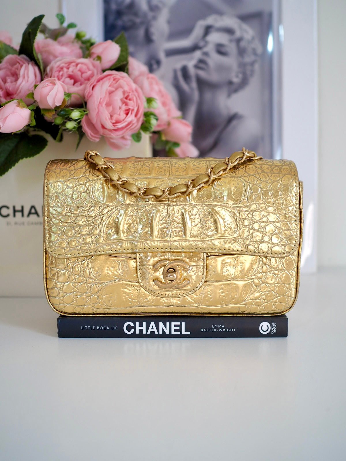 Chanel 19A classic mini rectangular flap bag gold calfskin croco embossed authentic