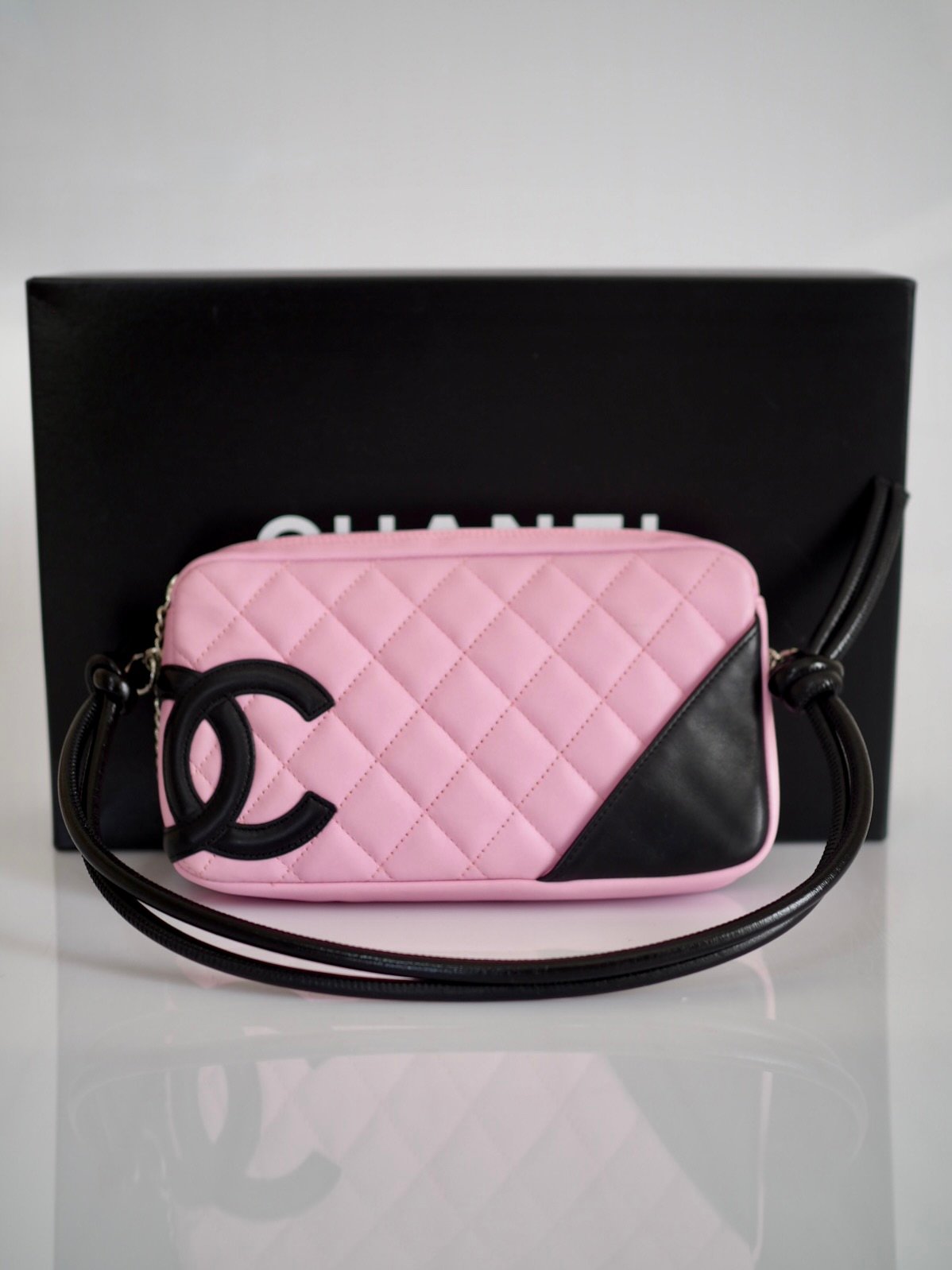 Chanel Cambon mini shoulder bag pink and black leather 2