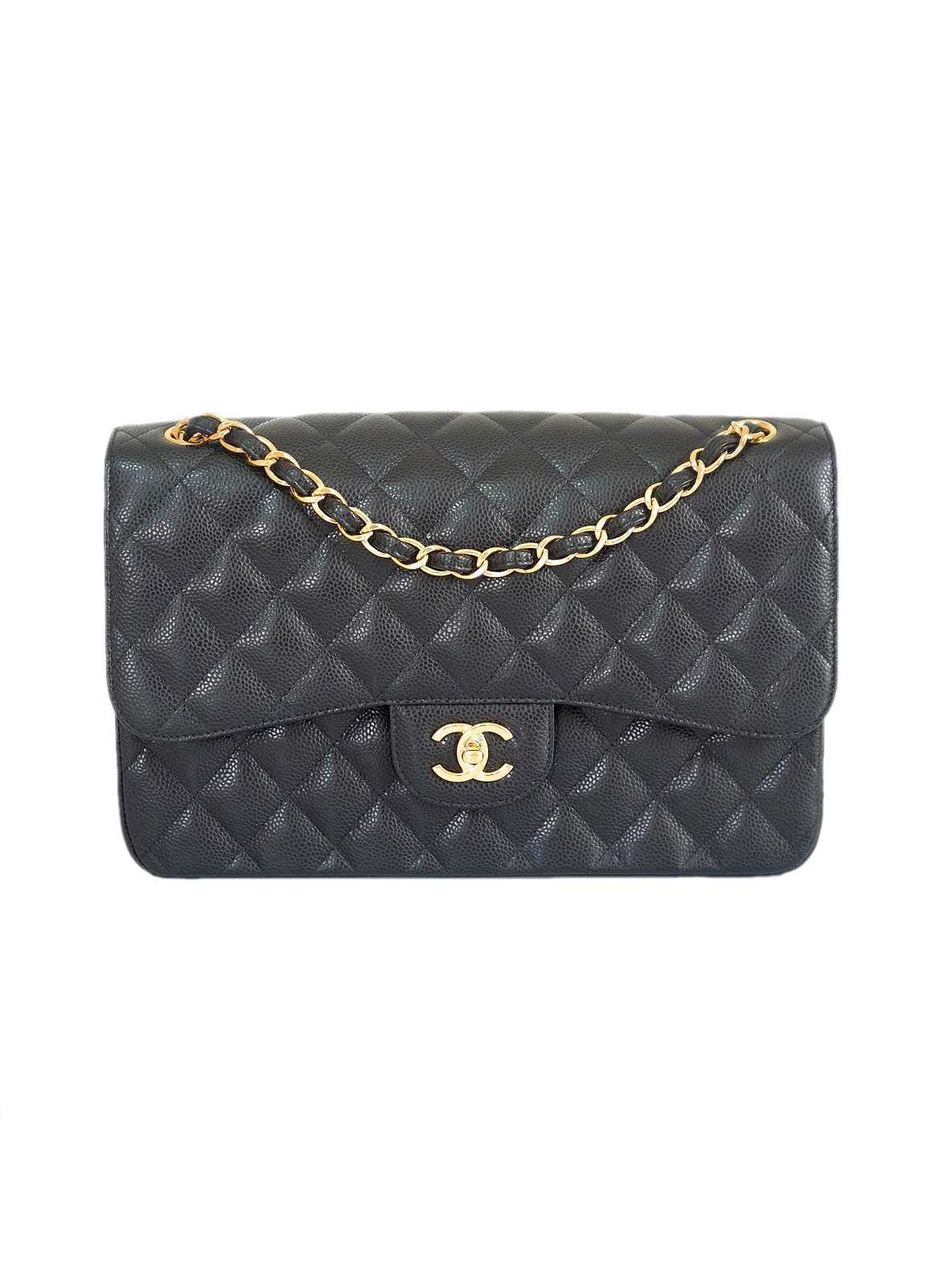 Chanel Classic jumbo double4 flap bag black caviar leather gold hardware