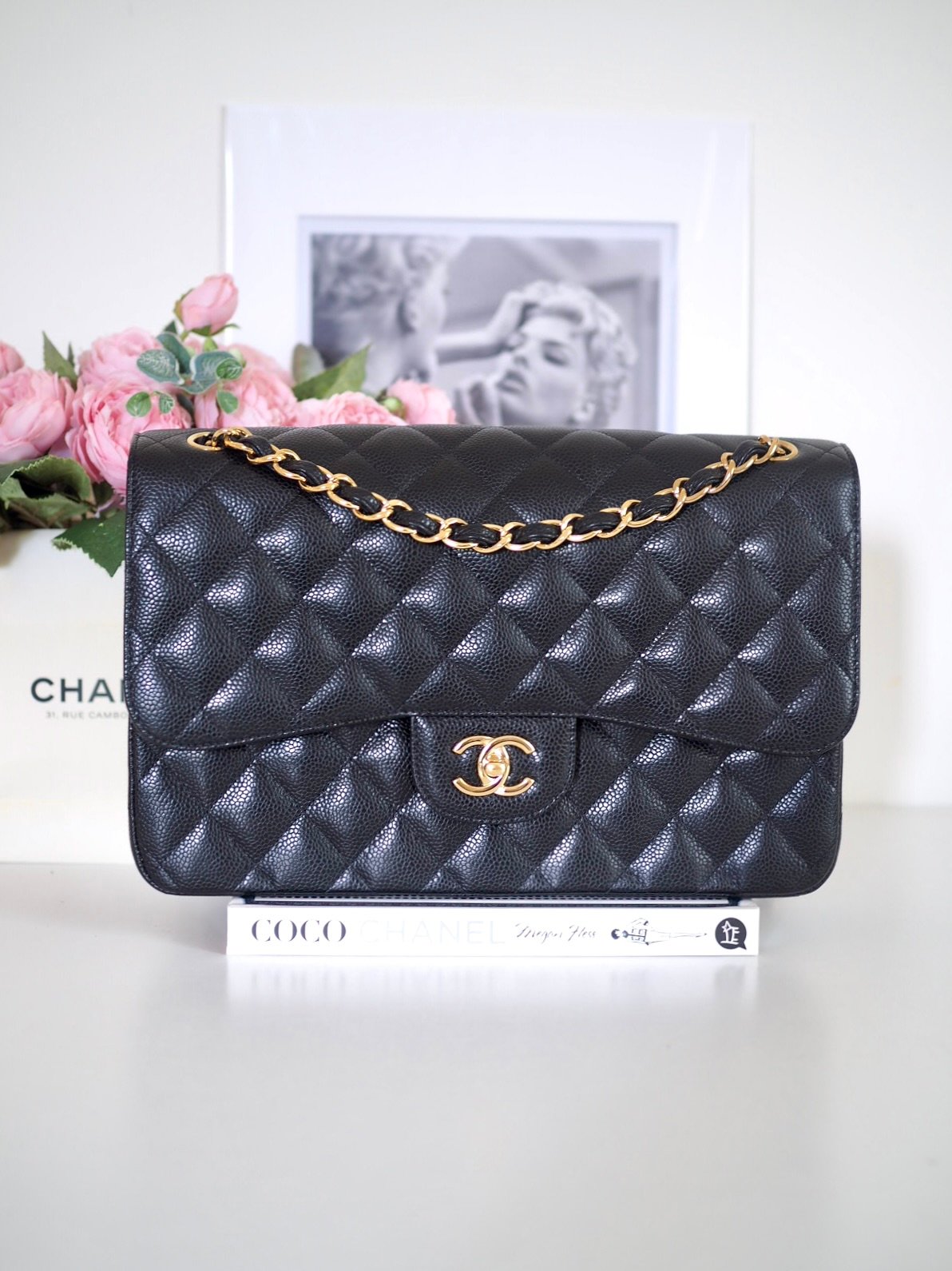 Chanel Classic jumbo double flap bag black caviar leather gold hardware Vintage-United